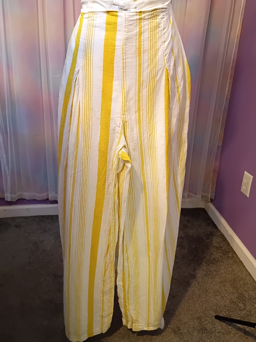 Forever 21 Yellow White Striped Linen Wide Leg Palazzo Pants Size Large